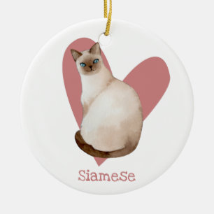 Siamese Cat Watercolor Kitty Pink Heart Ceramic Ornament