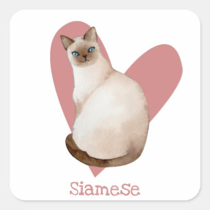 Siamese Cat Watercolor Kitty Pink Heart Square Sticker