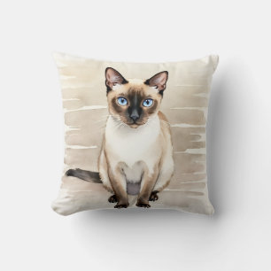 Siamese Cat Watercolor Linear Wave Art Throw Pillow