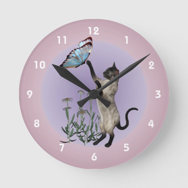 Siamese Cat With Blue Butterfly Animal Round Clock (Front)
