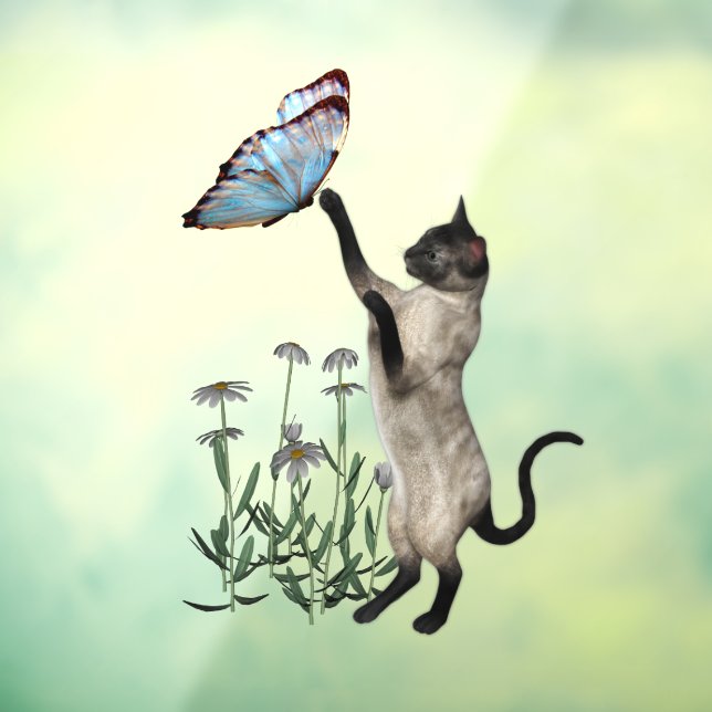 Siamese Cat With Blue Butterfly Animal Window Cling (Sheet 3)