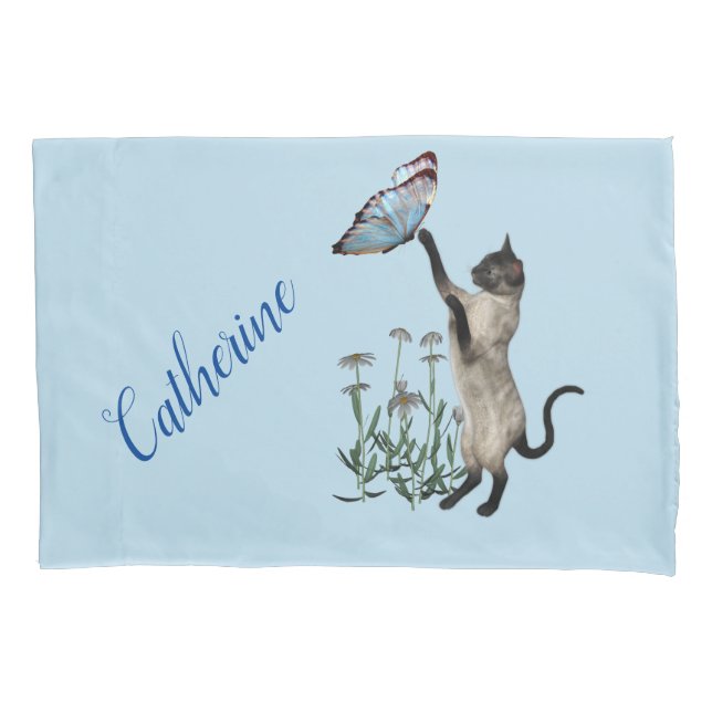 Siamese Cat With Blue Butterfly Personalized  Pillowcase (Front)