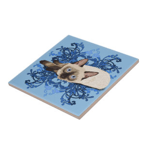 Siamese Cat With Blue Floral Design Tile
