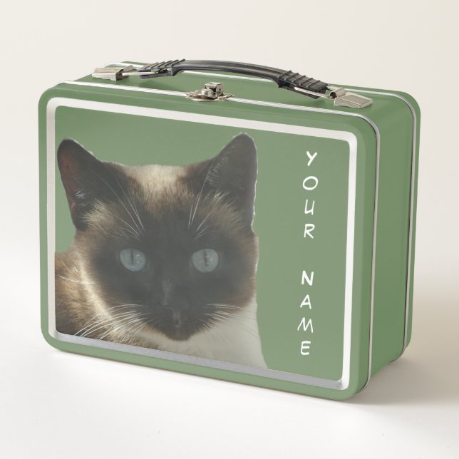 Siamese Cat with Bright Blue Eyes Green Lunchbox (Front)