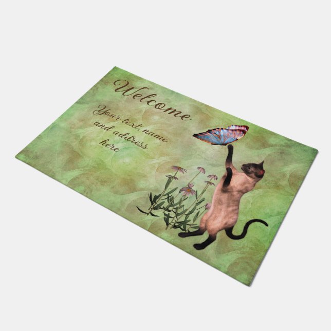 Siamese Cat With Butterfly Personalized Welcome Doormat (Angled)