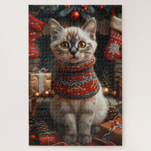 Siamese Cat With Christmas Gifts Fireplace Jigsaw Puzzle
