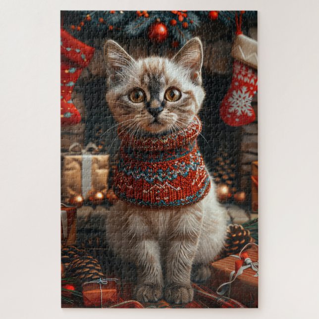 Siamese Cat With Christmas Gifts Fireplace Jigsaw Puzzle (Vertical)