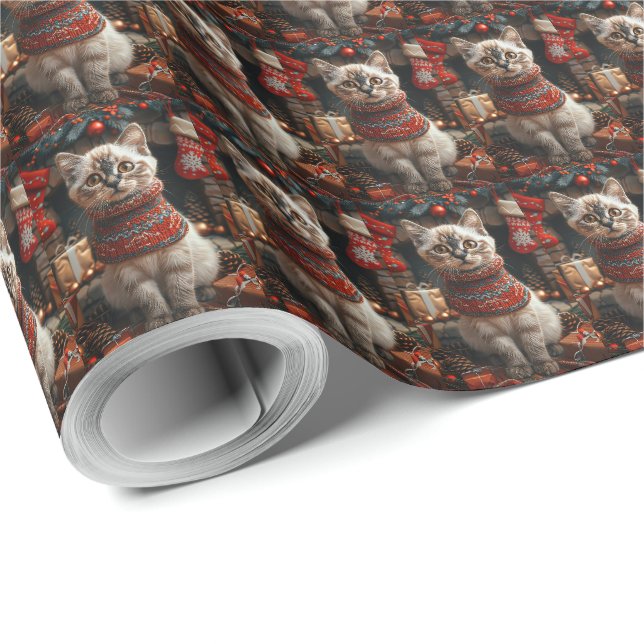 Siamese Cat With Christmas Gifts Fireplace Wrapping Paper (Roll Corner)