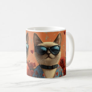 Siamese Cat with Heart Roses Valentine's Day Coffee Mug