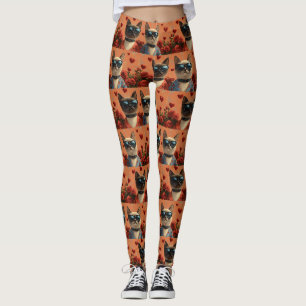 Siamese Cat with Heart Roses Valentine's Day Leggings