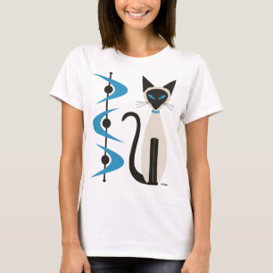 Siamese Cat with Mid Century Blue Boomerangs T-Shirt