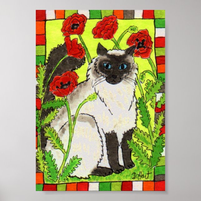 Siamese Cat with Oriental Poppies Folk Art Poster (Front)