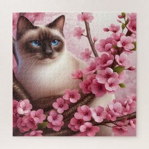 Siamese Cat with Pink Japanese Cherry Blossoms Jigsaw Puzzle