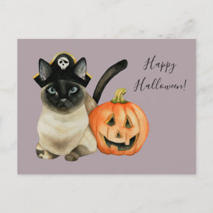 Siamese Cat with Pirate Hat   Happy Halloween Postcard