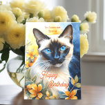 Siamese Cat with Yellow Orange Flowers Birthday Card<br><div class="desc">"Calling all cat lovers! 🐾 Our adorable Siamese cat birthday card is the purr-fect way to send warm wishes. With a charming watercolor Siamese cat and vibrant yellow-orange flowers, it's a delightful choice for feline enthusiasts. Inside, you'll find a heartfelt birthday verse, and on the back, two cute Siamese kittens...</div>