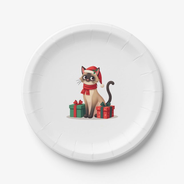 Siamese Cat Xmas Holiday Santa Siamese Cat Christm Paper Plate (Front)