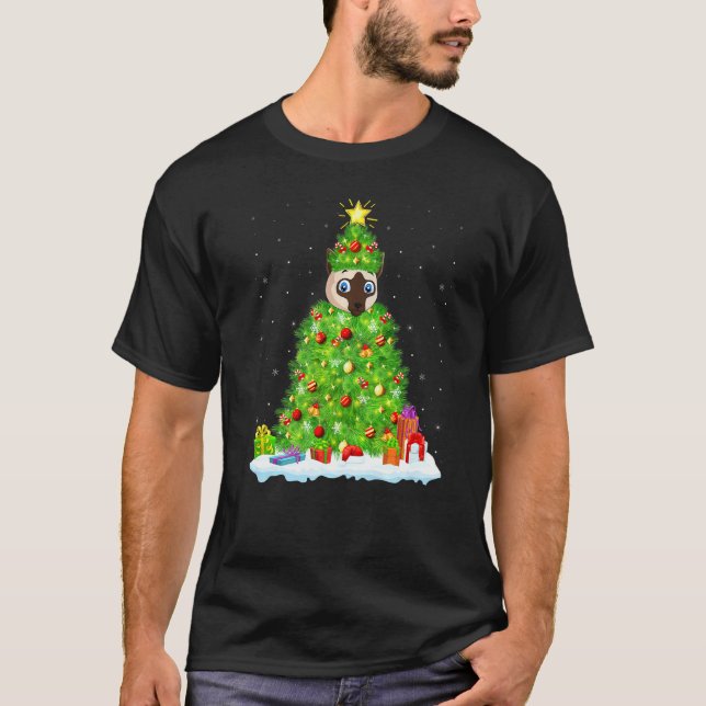 Siamese Cat Xmas Lighting Tree Funny Siamese Cat C T-Shirt (Front)