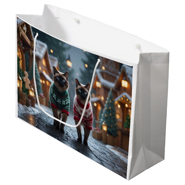 Siamese Cats Christmas Snow Holiday Large Gift Bag (Front Angled)