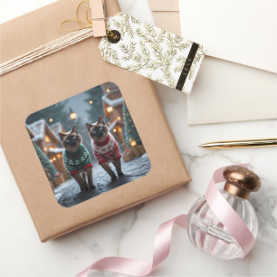 Siamese Cats Christmas Snow Holiday Square Sticker