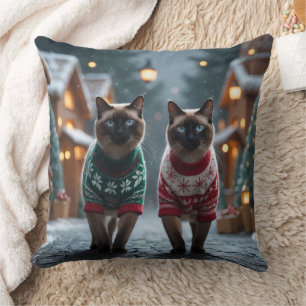 Siamese Cats Christmas Snow Holiday Throw Pillow