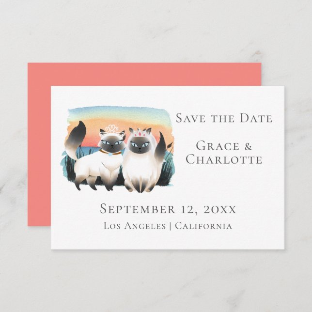 Siamese Cats Gay Lesbian Couple Save The Date Invitation (Front/Back)