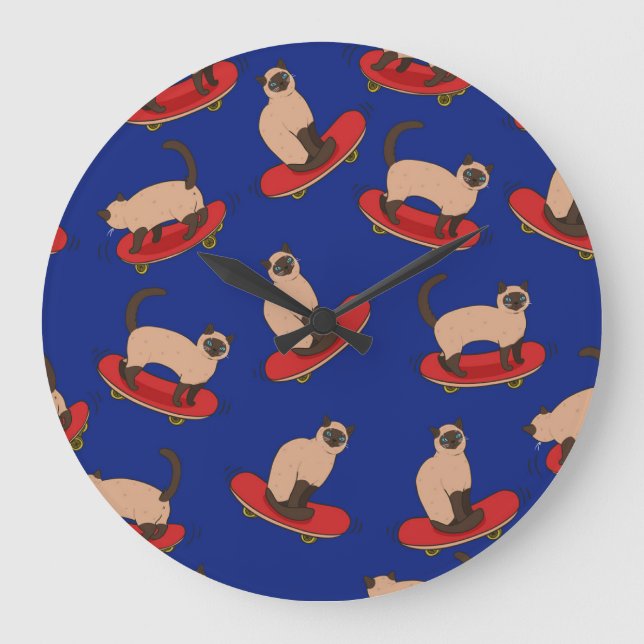 Siamese Cats Skateboards: Vintage Pattern Large Clock (Front)
