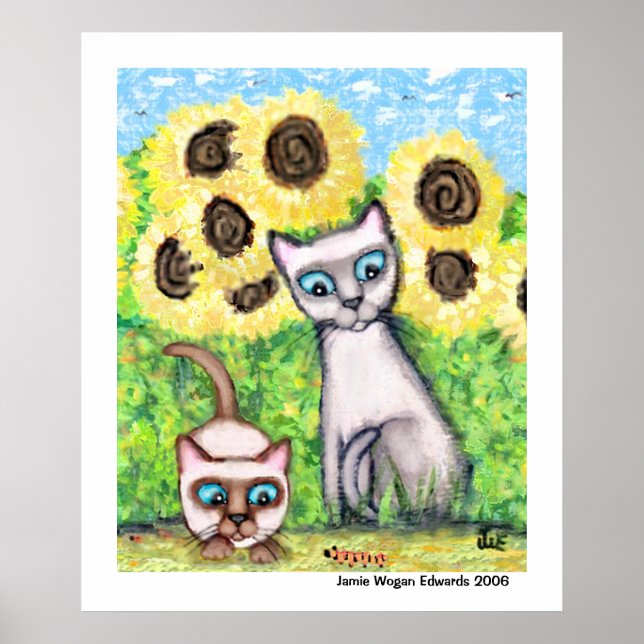 Siamese Cats With Caterpillar & Sunflowers Poster (Front)
