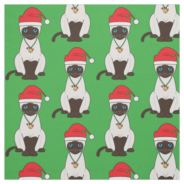Siamese Christmas Cat with Santa Hat Fabric (Swatch)