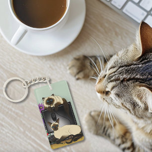 Siamese Computer Office Desk Cats Funny Mischief Keychain