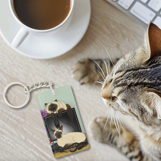 Siamese Computer Office Desk Cats Funny Mischief Keychain (Creator Uploaded)
