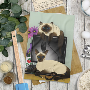 Siamese Computer Office Desk Cats Funny Mischief Kitchen Towel