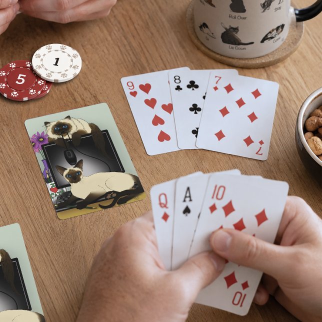 Siamese Computer Office Desk Cats Funny Mischief Playing Cards (Creator Uploaded)
