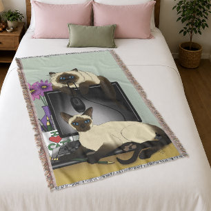 Siamese Computer Office Desk Cats Funny Mischief Throw Blanket