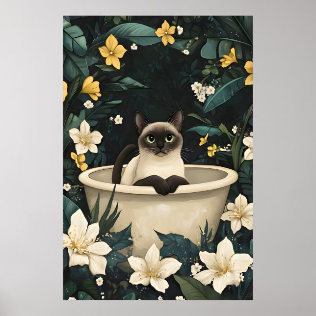 Siamese In Bathtub Poster, Funny Cat Poster (Devant)