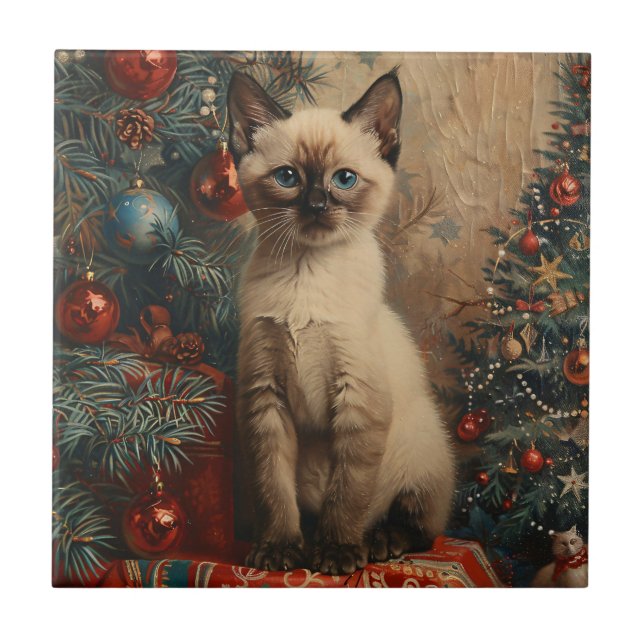 Siamese Kitten Christmas Vintage Cat Tile (Front)
