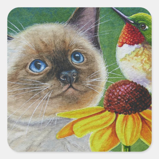 Siamese Kitten & Hummingbird Watercolor Art Square Sticker (Front)