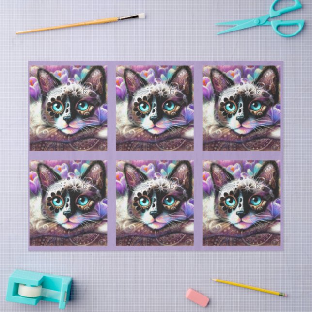 Siamese Kitty Cat Crocus Floral Purple Decoupage Tissue Paper (Craft)