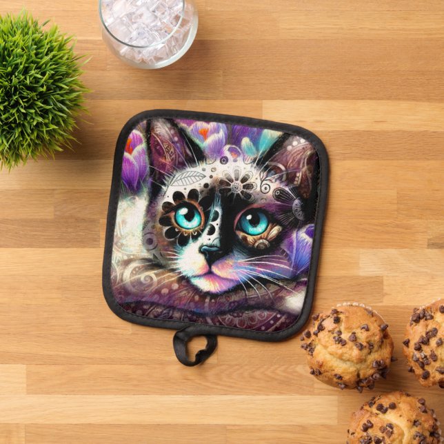 Siamese Kitty Cat Crocus Floral Purple Teal White Pot Holder (Top Down)