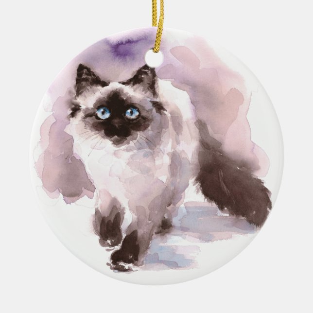 Siamese Ragdoll Cat Watercolor Ceramic Ornament (Front)