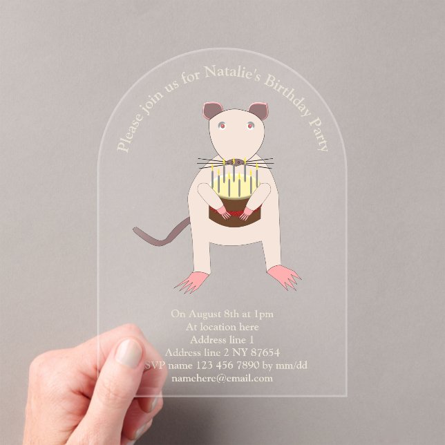 Siamese Rat with Birthday Cake Custom Acrylic Invitations (Insitu (Handheld))