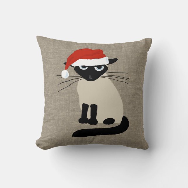 Siamese Santa Claws - Funny Christmas Kitty Cat Throw Pillow (Front)