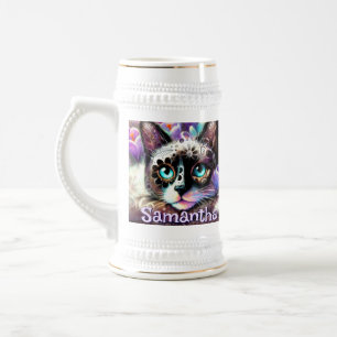 Siamese White Kitty Cat Crocus Floral Personalized Beer Stein