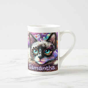 Siamese White Kitty Cat Crocus Floral Personalized Bone China Mug