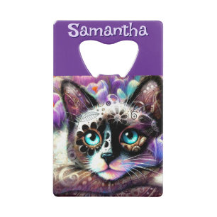 Siamese White Kitty Cat Crocus Floral Personalized Credit Card Bottle Opener