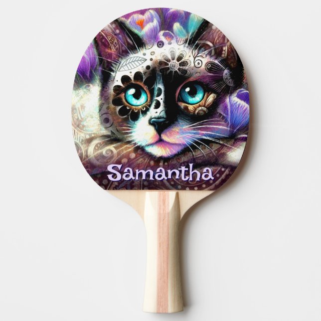 Siamese White Kitty Cat Crocus Floral Personalized Ping Pong Paddle (Front)