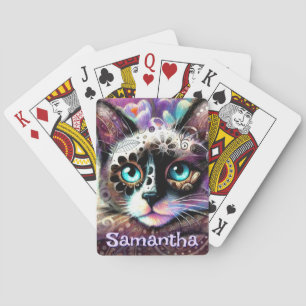 Siamese White Kitty Cat Crocus Floral Personalized Playing Cards