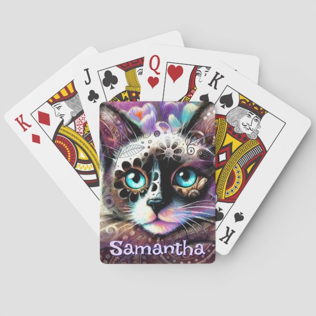 Siamese White Kitty Cat Crocus Floral Personalized Playing Cards (Back)
