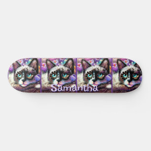 Siamese White Kitty Cat Crocus Floral Personalized Skateboard