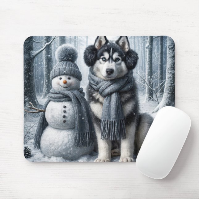 Siberan Husky With Snowman Mouse Pad (With Mouse)
