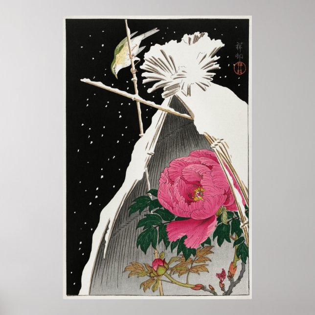 Siberian Bluechat Next to a Peony by Ohara Koson Poster (Front)
